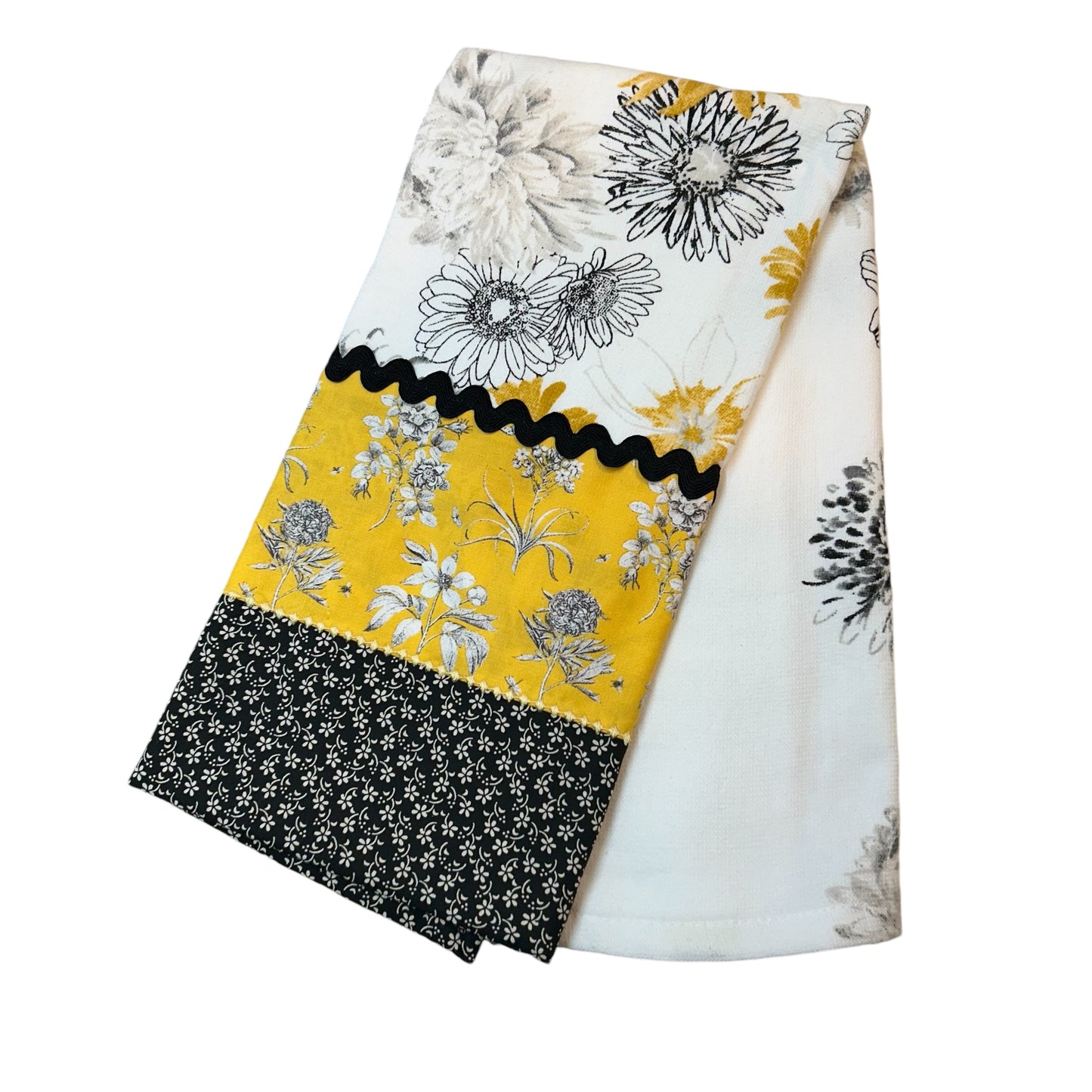 Handcrafted Yellow and Black Floral Farmhouse Dish Towel with Quilt Cotton Accents and RicRac Trim