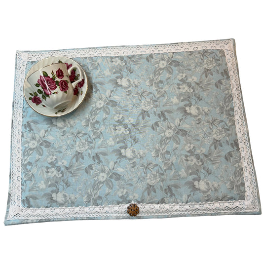 Blue floral Dish Drying Mat. Handmade in Canada with white cotton lace trim and a wooden button.  Absorbent Microfiber Dish Mat Insert.  Dress up your dream kitchen today!