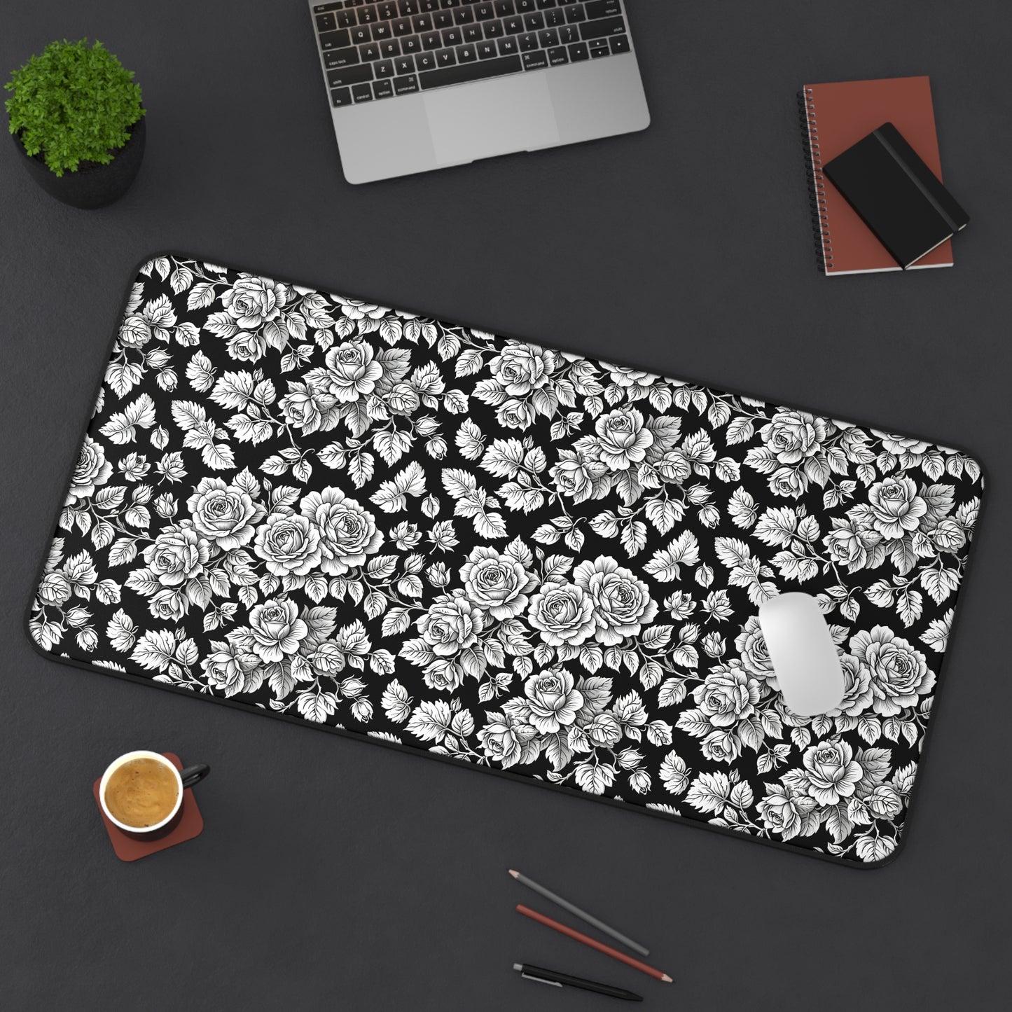 Desk or Sewing Machine Mat - Washable Black Floral Mat