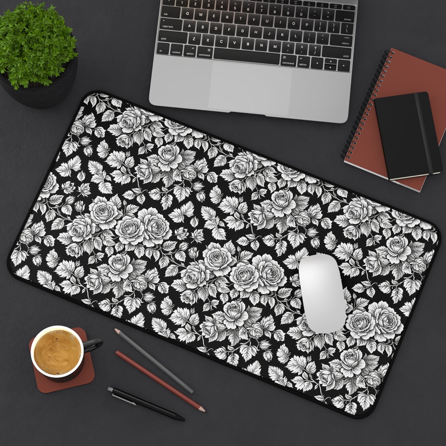 Desk or Sewing Machine Mat - Washable Black Floral Mat