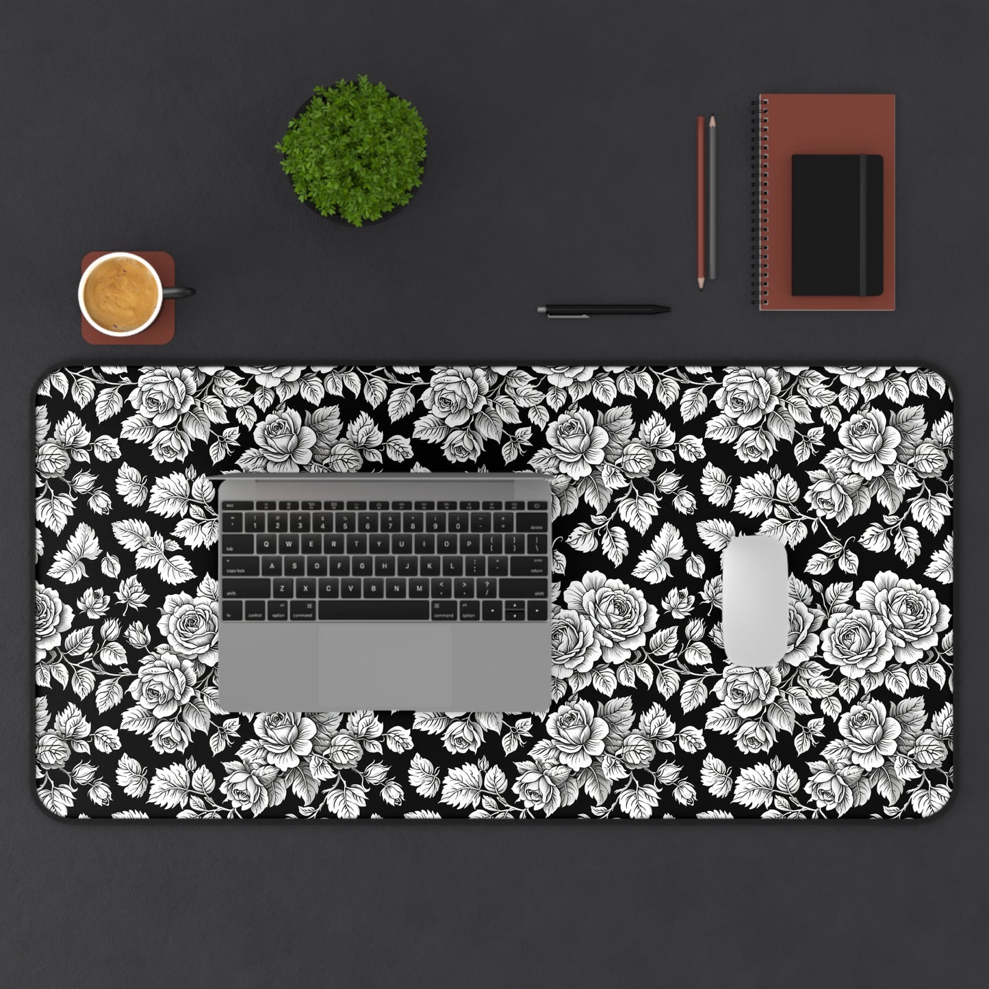 Desk or Sewing Machine Mat - Washable Black Floral Mat