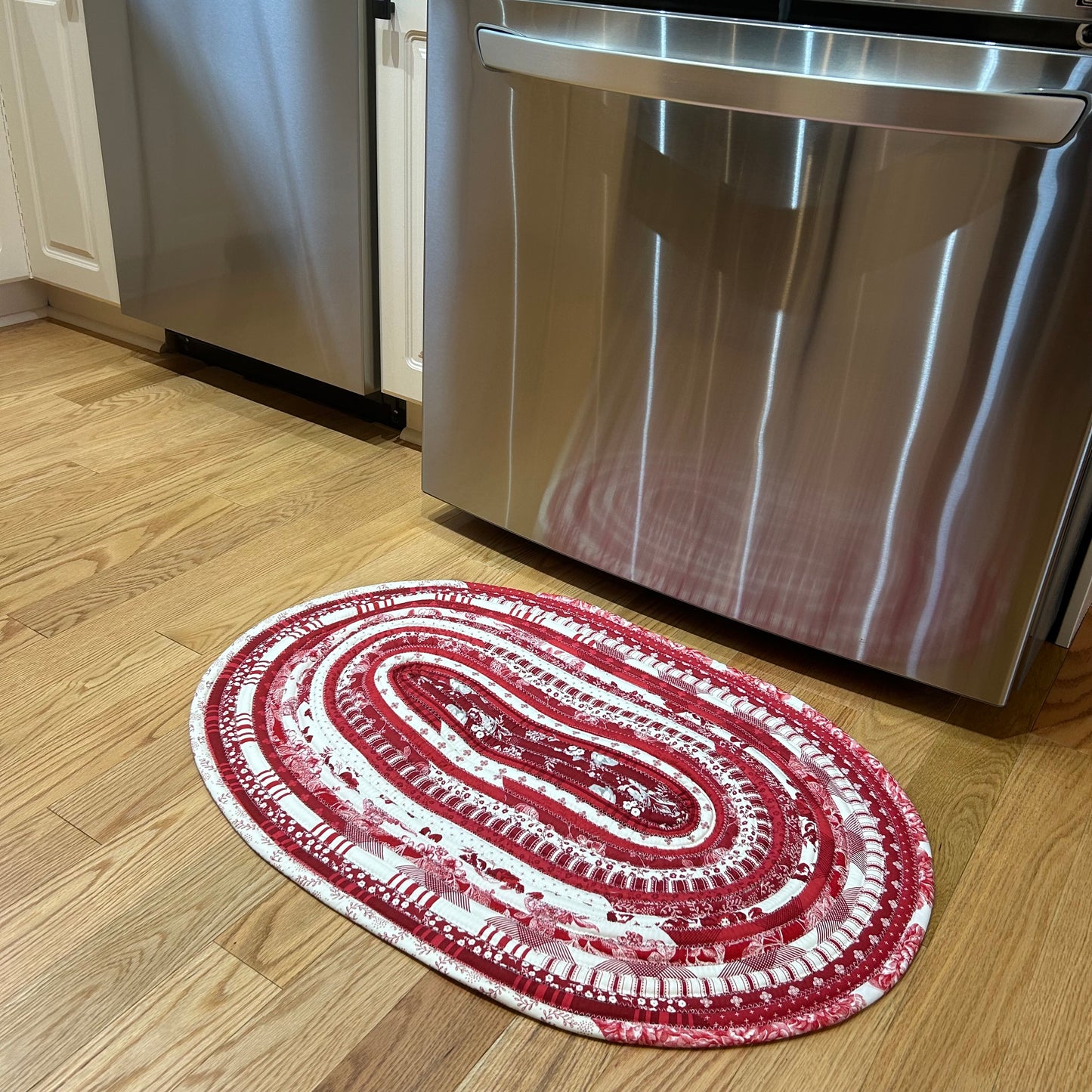 Handcrafted Red & White Toile JellyRoll Rug - Washable and Sewn in Canada