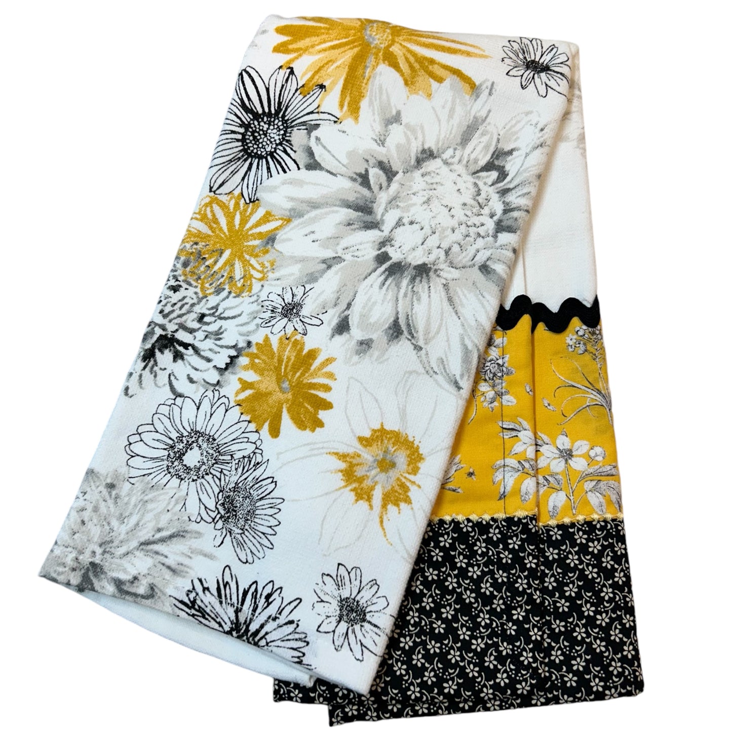 Handcrafted Yellow and Black Floral Farmhouse Dish Towel with Quilt Cotton Accents and RicRac Trim