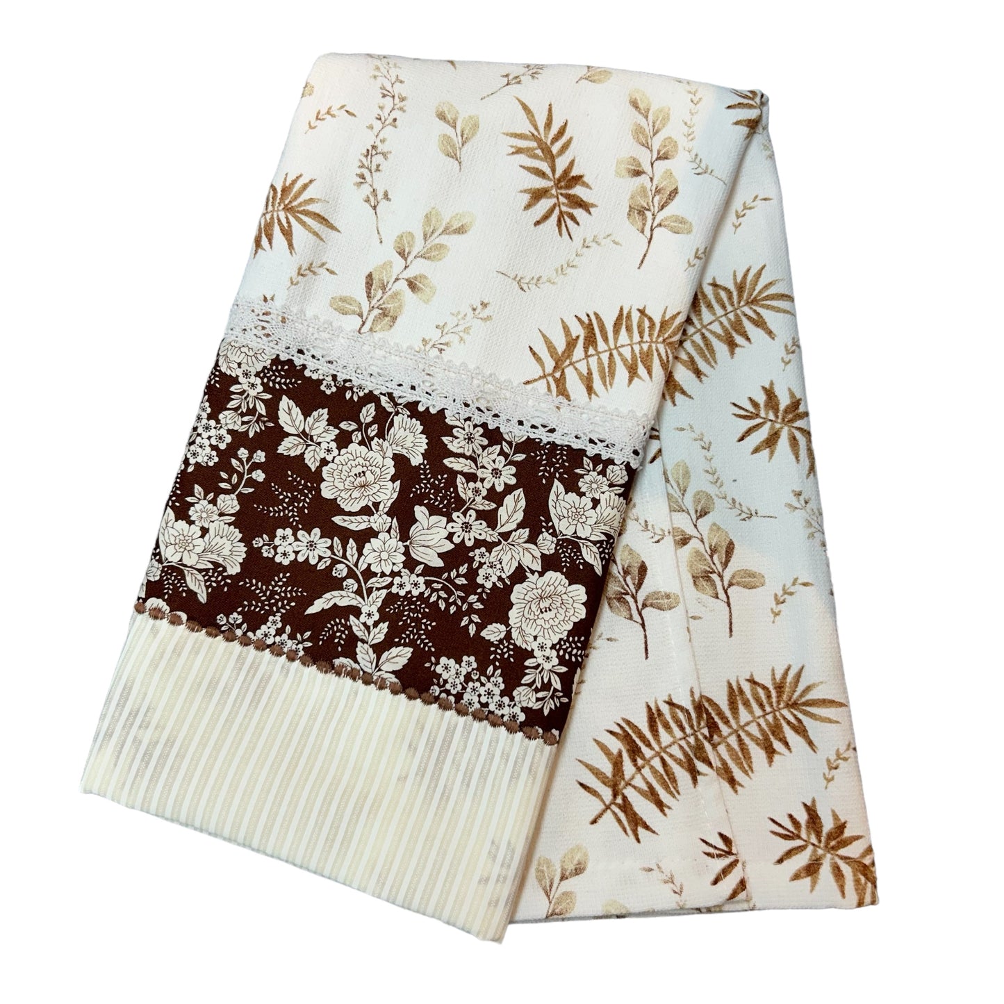 Brown Floral Handcrafted Farmhouse Dish Towel with Quilting Cotton and Lace Trim DetailingBrown Floral Handcrafted Farmhouse Dish Towel with Quilting Cotton and Lace Trim Detailing