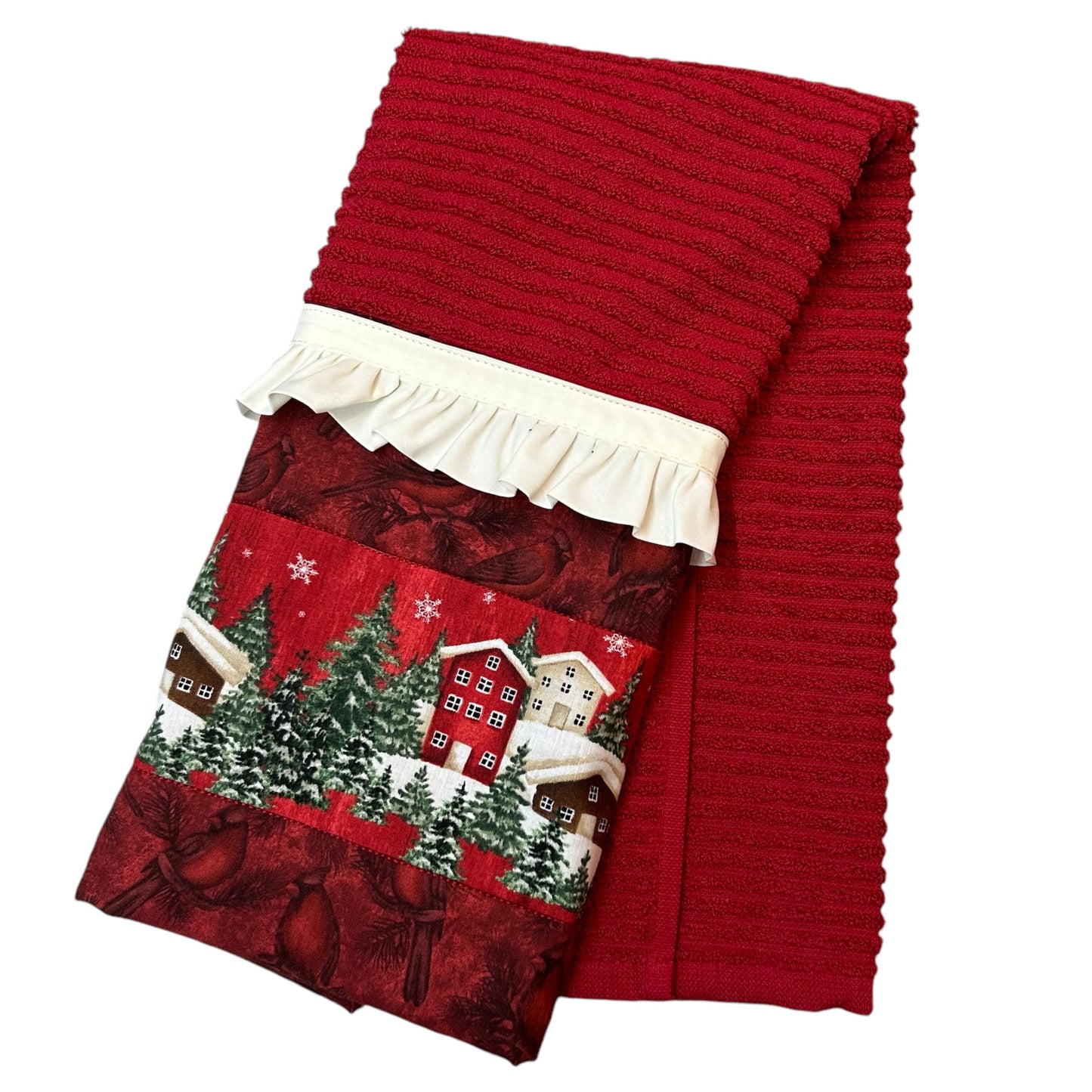 Classic Red and Cream Christmas Town Dish Towel with Frilled Trim - Crafted in Canada