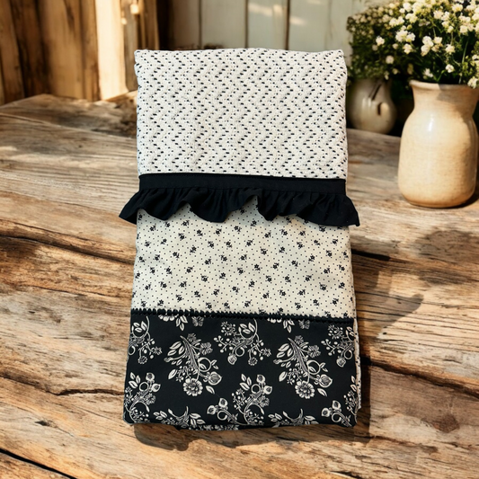 Black Floral Farmhouse Dish Towel with Quilt Cotton Accents - Made in Canada