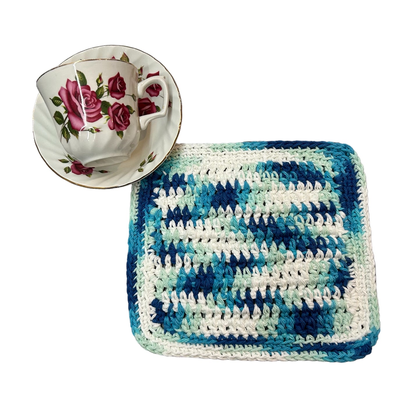 Blue and White Handmade Crocheted Dish Cloth, Washable Cotton Cloth Made In Canada