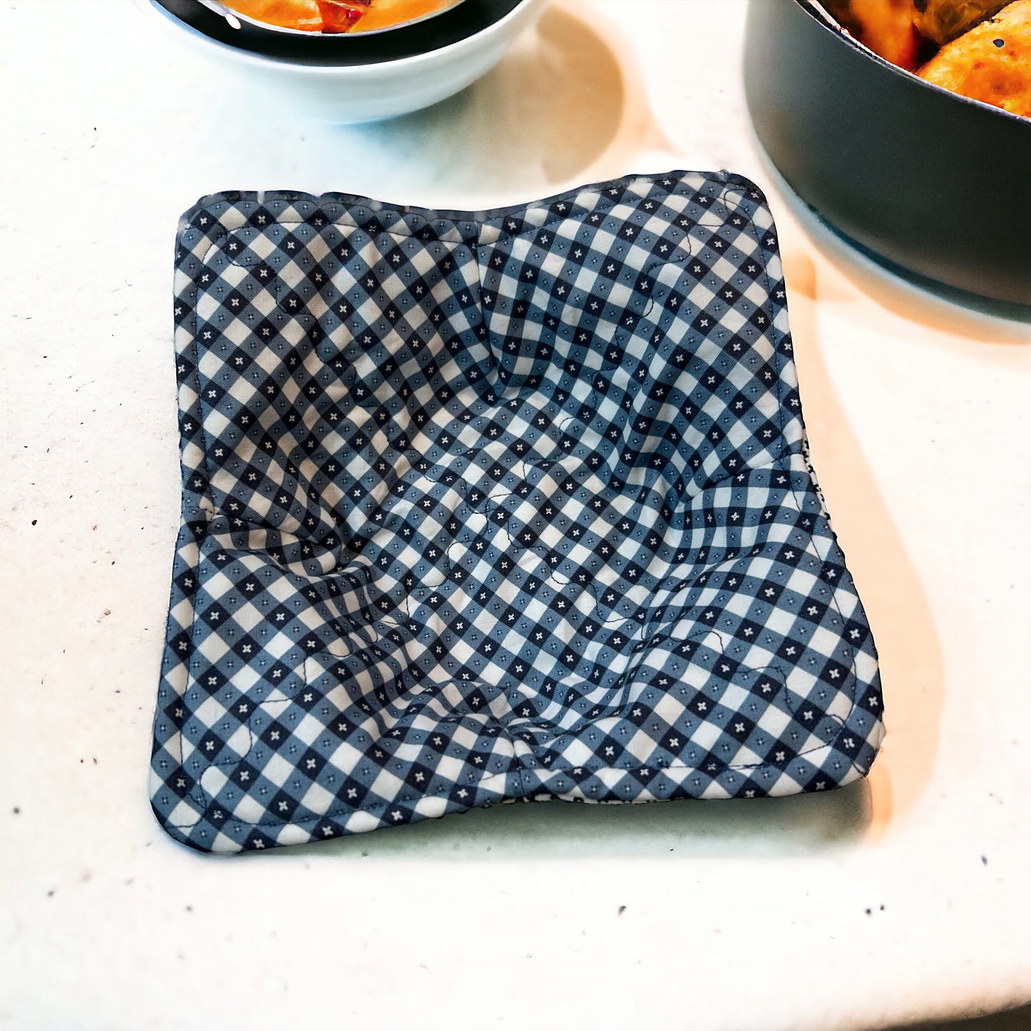 Checkered Gingham Soup Bowl Cozy. Handmade cotton Soup bowl cozy in blue checkered fabric. It's reversible! Try our Microwave Soup bowl cozies today!