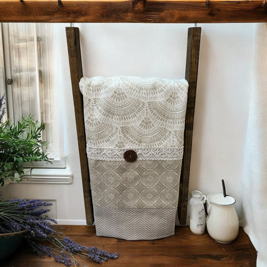 Handcrafted Taupe Farmhouse Dish Towel with Quilt Cotton Detailing and White Lace Trim