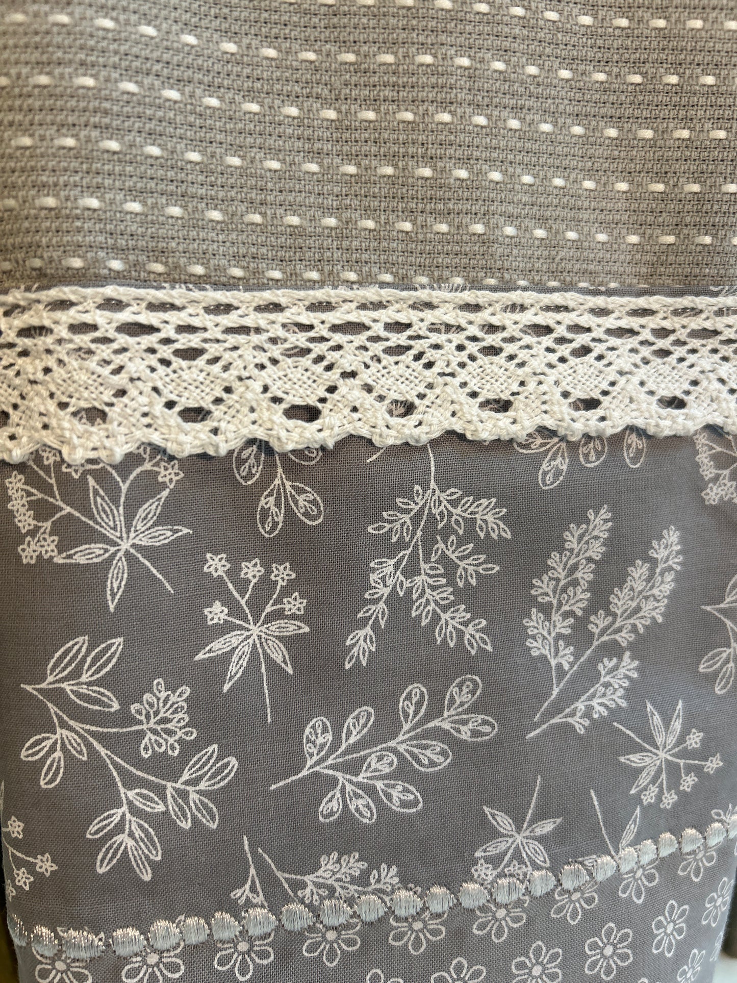 Elegant Grey and White Floral Dish Towel with Handcrafted Details