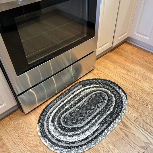 Black and Cream Floral Farmhouse Kitchen JellyRoll Rug