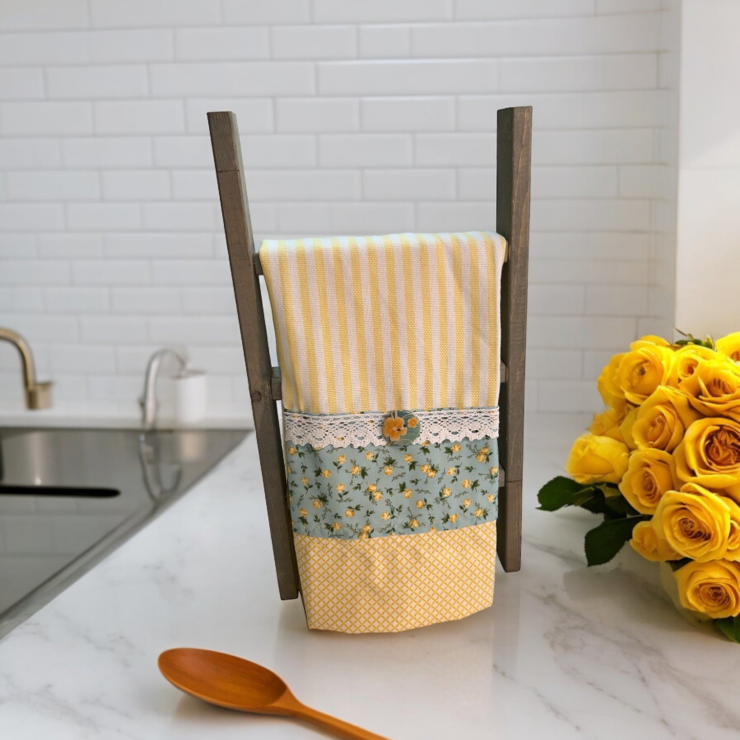 Yellow and Blue Floral Farmhouse Cotton Tea Towel