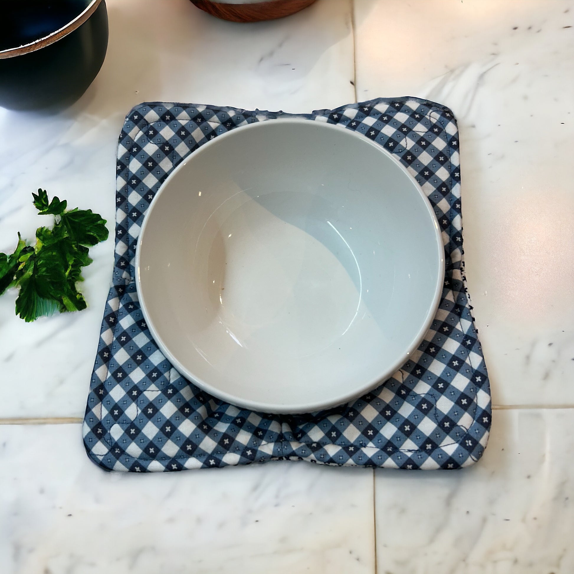 Checkered Gingham Soup Bowl Cozy. Handmade cotton Soup bowl cozy in blue checkered fabric. It's reversible! Try our Microwave Soup bowl cozies today!