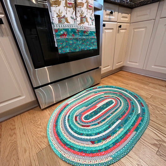 Teal Holiday JellyRoll Cotton Kitchen Rug - Washable and Crafted in Canada