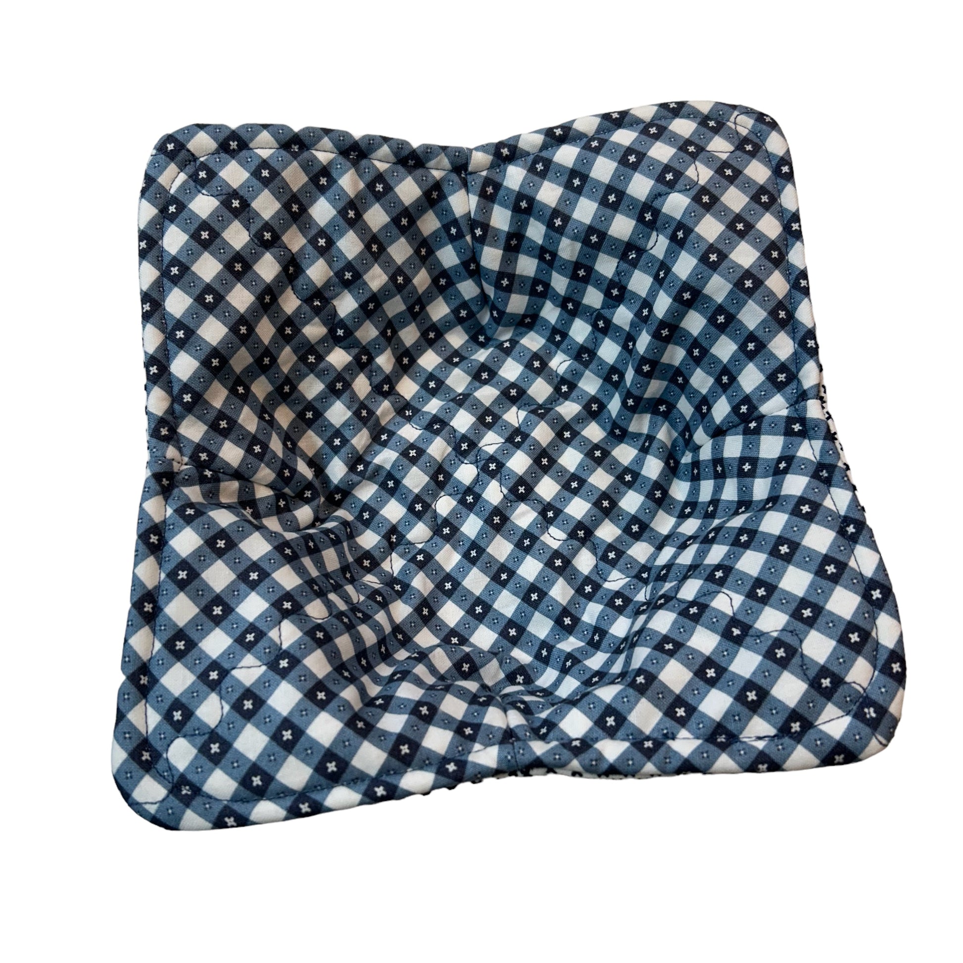 Checkered Gingham Soup Bowl Cozy. Handmade cotton Soup bowl cozy in blue checkered fabric.  It's reversible!  Try our Microwave Soup bowl cozies today! 