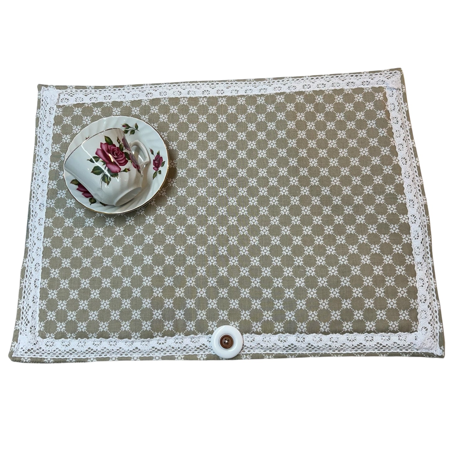 Hand-Crafted Taupe and White Floral Dish Drying Mat - Quilt Cotton Material with White Cotton Lace Trim