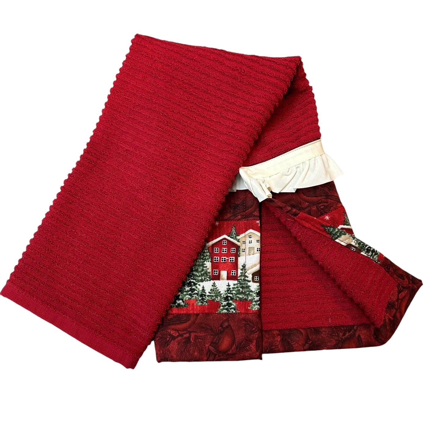 Classic Red and Cream Christmas Town Dish Towel with Frilled Trim - Crafted in Canada