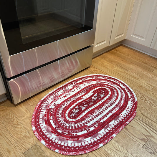 Handcrafted Red & White Toile JellyRoll Rug - Washable and Sewn in Canada