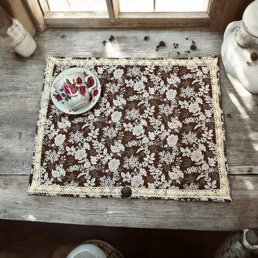 Handcrafted Brown Floral Dish Drying Mat with Cotton Lace Trim and Wooden Button - Made in Canada