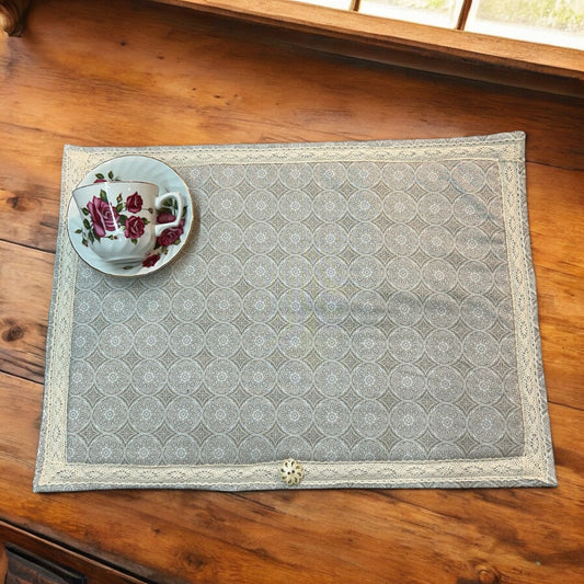 Luxurious Handmade Canadian Mandala Print Kitchen Dish Drying Mat with Cotton Lace Trim and Wooden Button