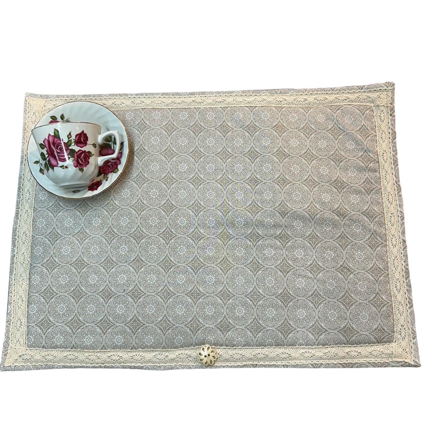 Luxurious Handmade Canadian Mandala Print Kitchen Dish Drying Mat with Cotton Lace Trim and Wooden Button