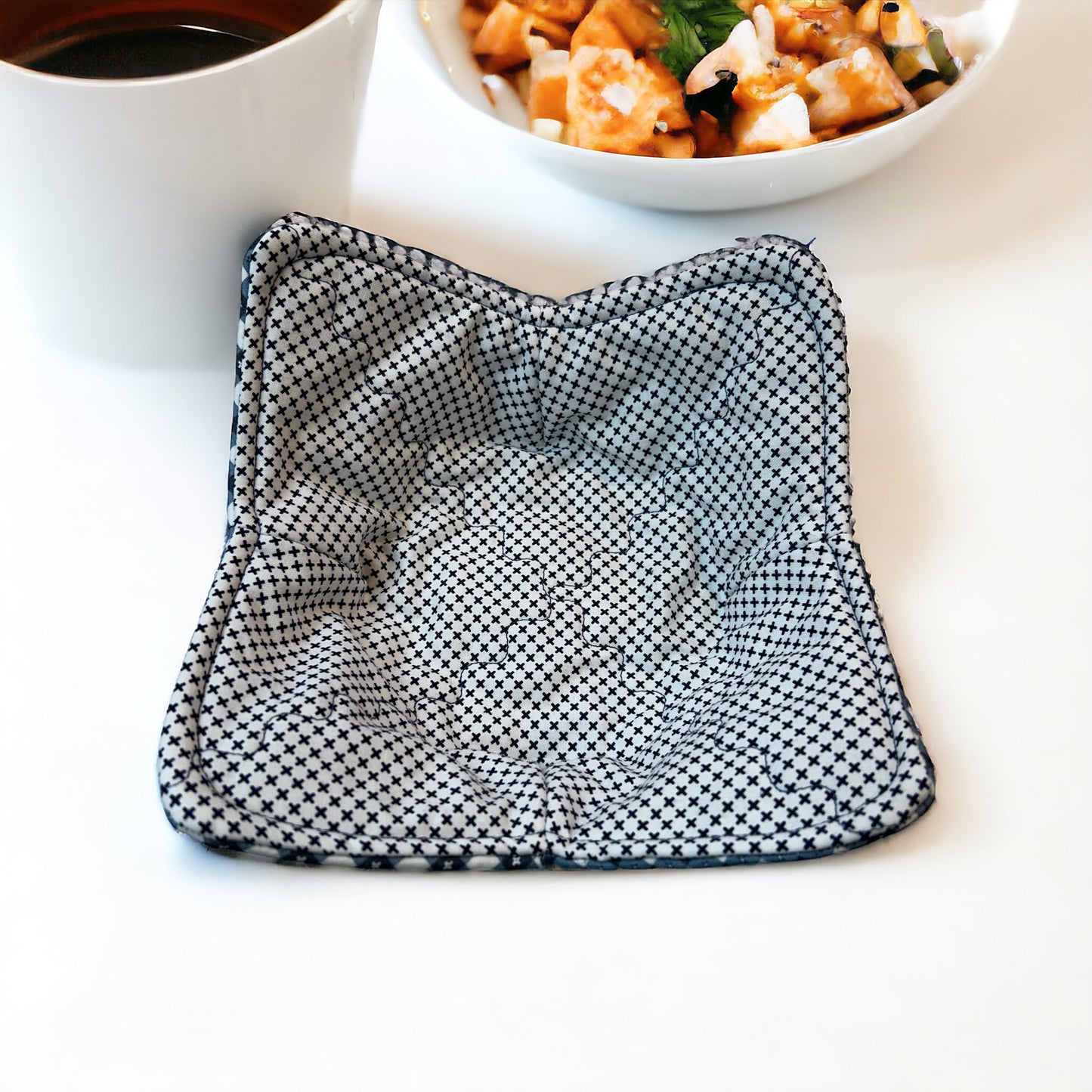 Checkered Gingham Soup Bowl Cozy. Handmade cotton Soup bowl cozy in blue checkered fabric. It's reversible! Try our Microwave Soup bowl cozies today!