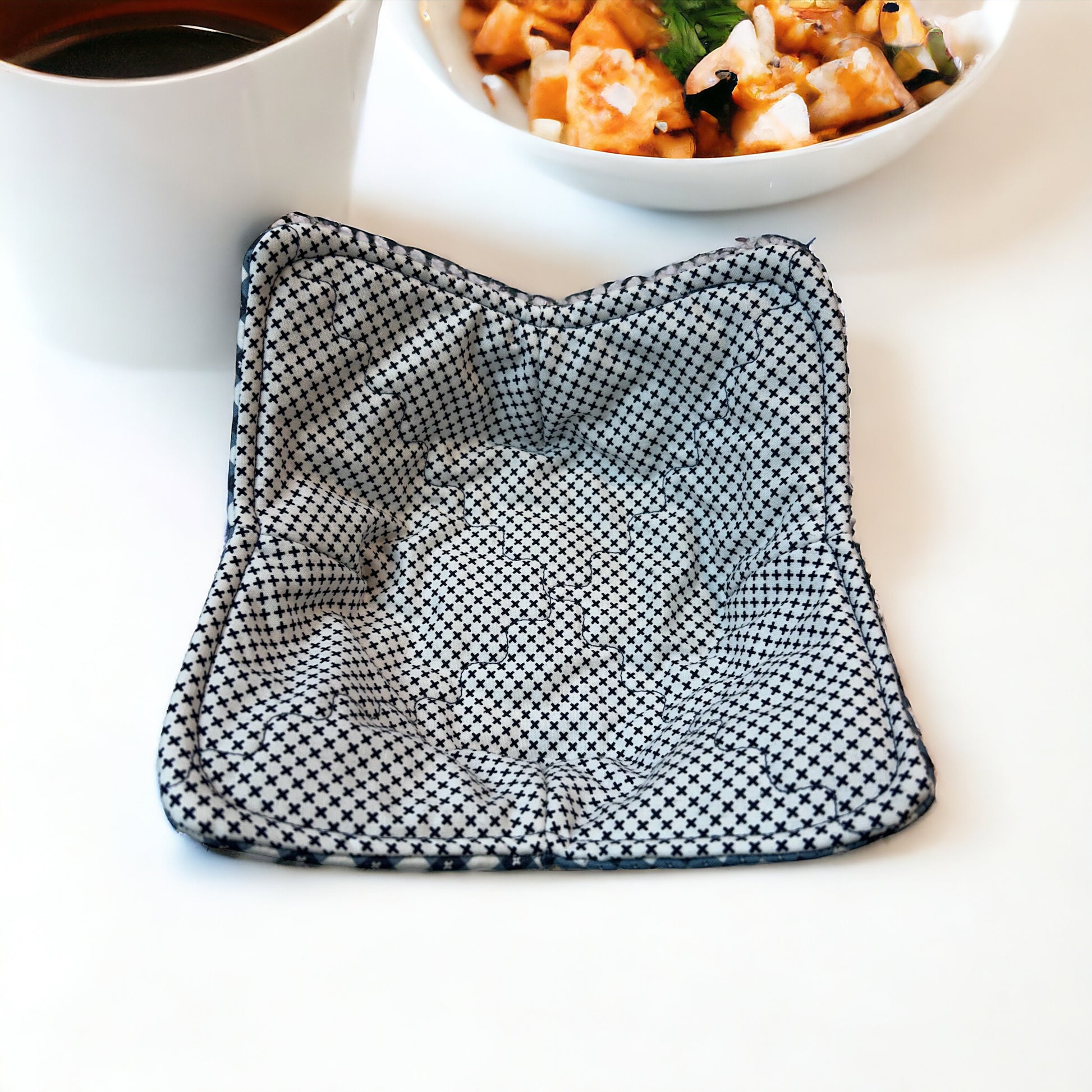 Checkered Gingham Soup Bowl Cozy. Handmade cotton Soup bowl cozy in blue checkered fabric. It's reversible! Try our Microwave Soup bowl cozies today!