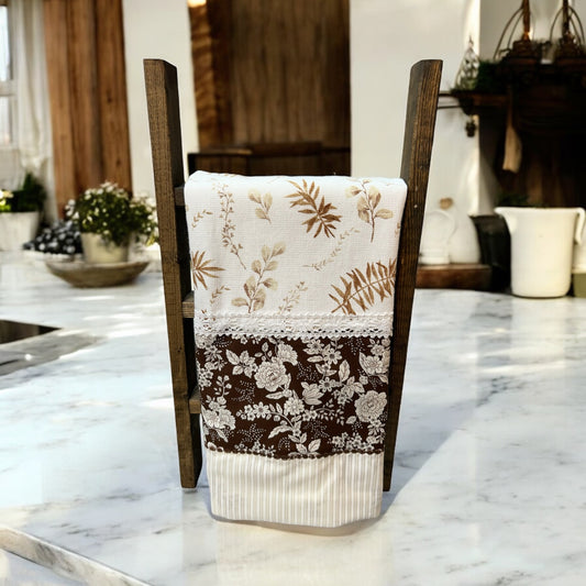 Brown Floral Handcrafted Farmhouse Dish Towel with Quilting Cotton and Lace Trim DetailingBrown Floral Handcrafted Farmhouse Dish Towel with Quilting Cotton and Lace Trim Detailing