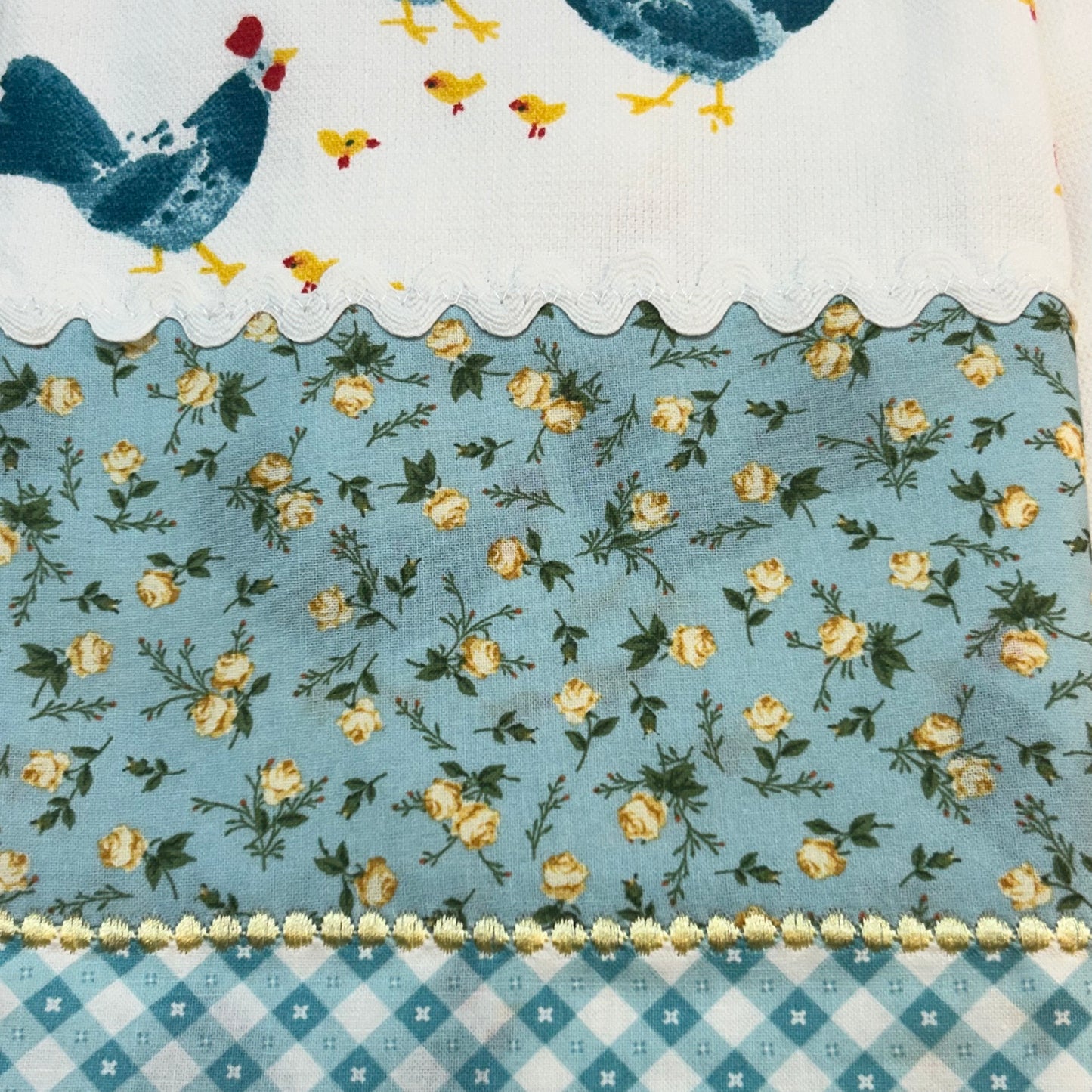 Handcrafted Chickens & Roses Yellow and Teal Dish Towel, Unique Farmhouse Kitchen Decor