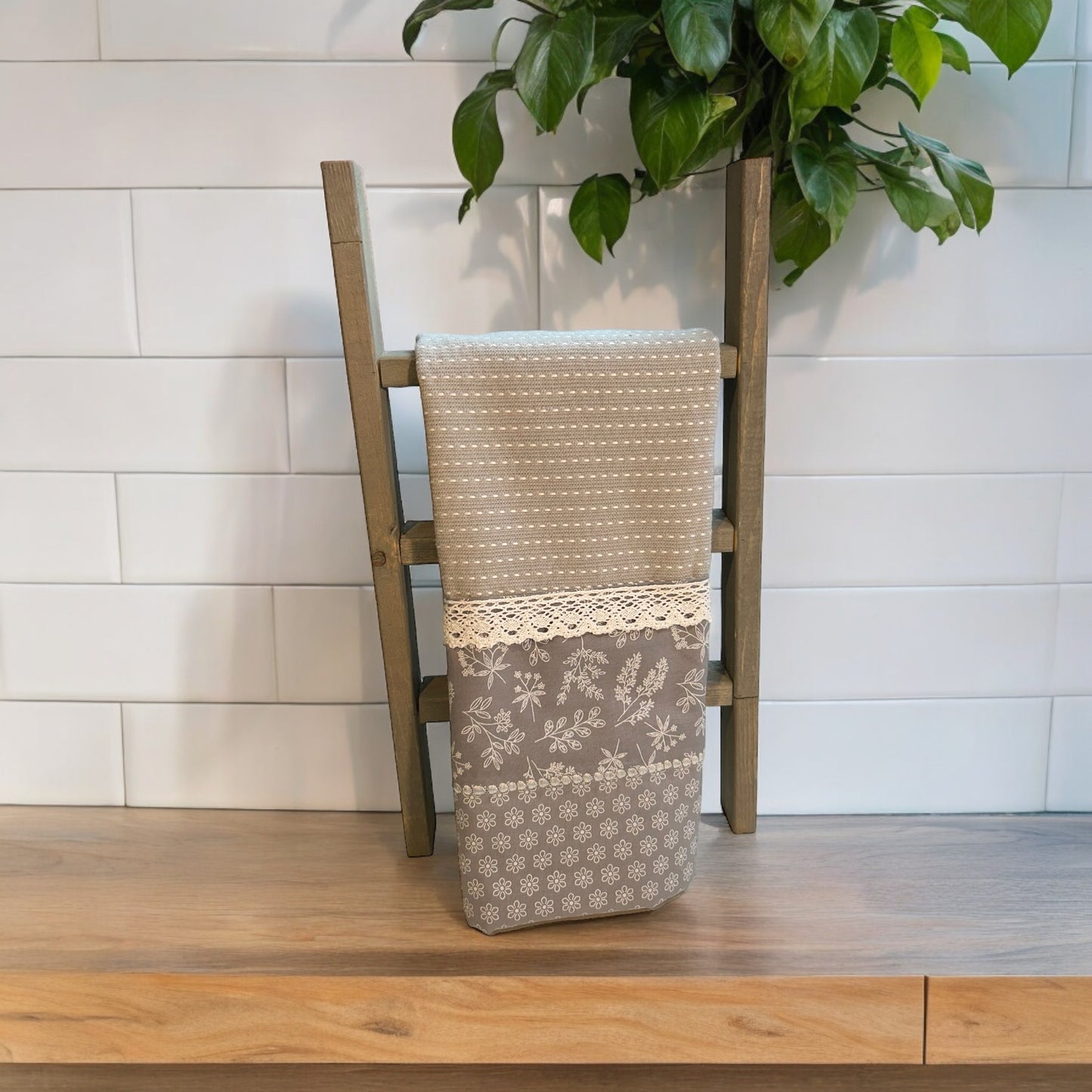 Elegant Grey and White Floral Dish Towel with Handcrafted Details