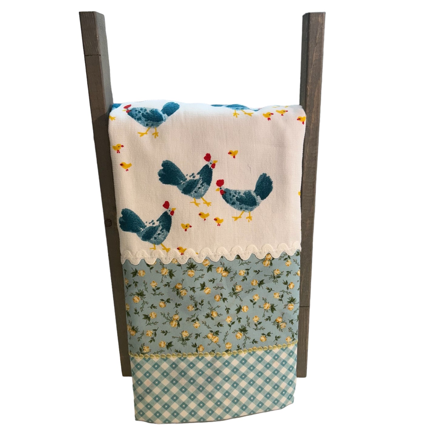 Handcrafted Chickens & Roses Yellow and Teal Dish Towel, Unique Farmhouse Kitchen Decor