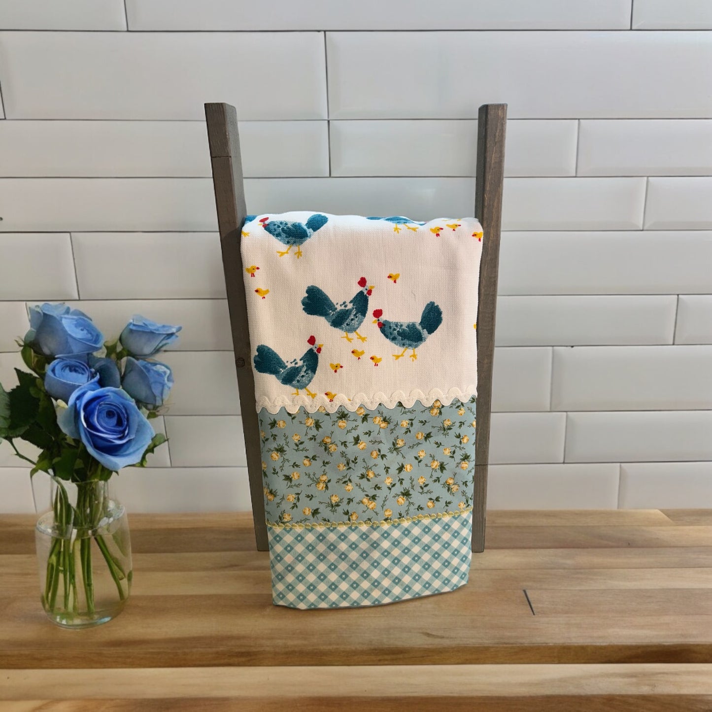 Handcrafted Chickens & Roses Yellow and Teal Dish Towel, Unique Farmhouse Kitchen Decor