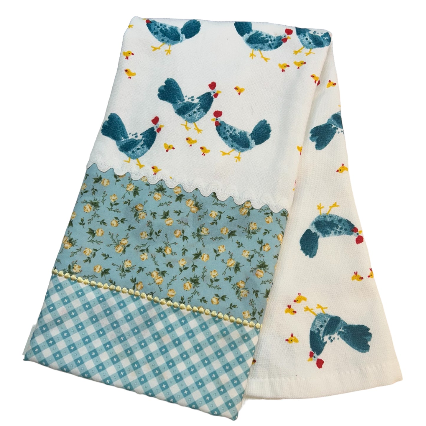 Handcrafted Chickens & Roses Yellow and Teal Dish Towel, Unique Farmhouse Kitchen Decor