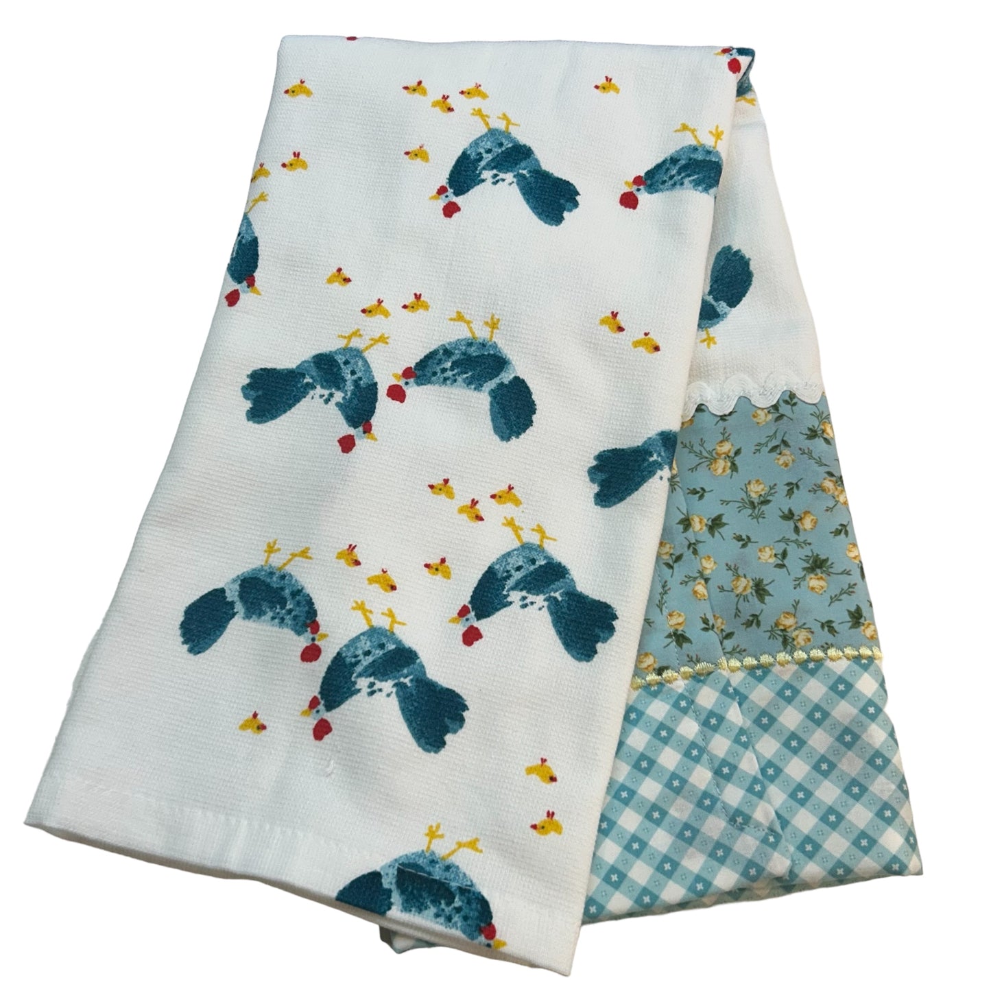 Handcrafted Chickens & Roses Yellow and Teal Dish Towel, Unique Farmhouse Kitchen Decor