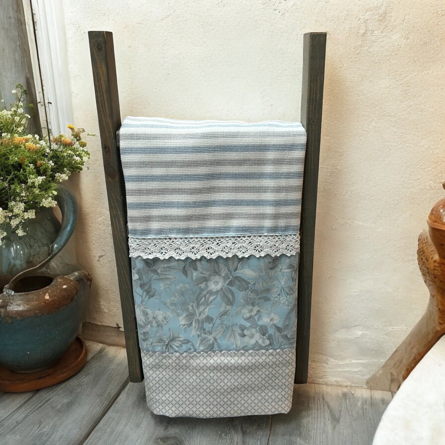 Elegant Blue & White Floral Farmhouse Dish Towel - Handcrafted in Canada with Cotton Toweling and Quilt Cotton Accents