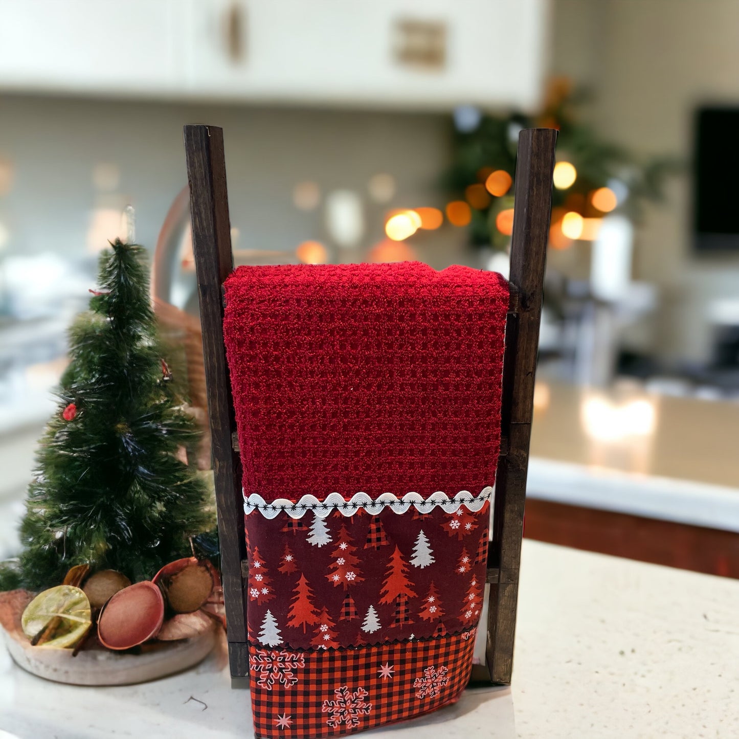 Christmas Kitchen Dish Towel With Red and White Gingham Cotton Accents