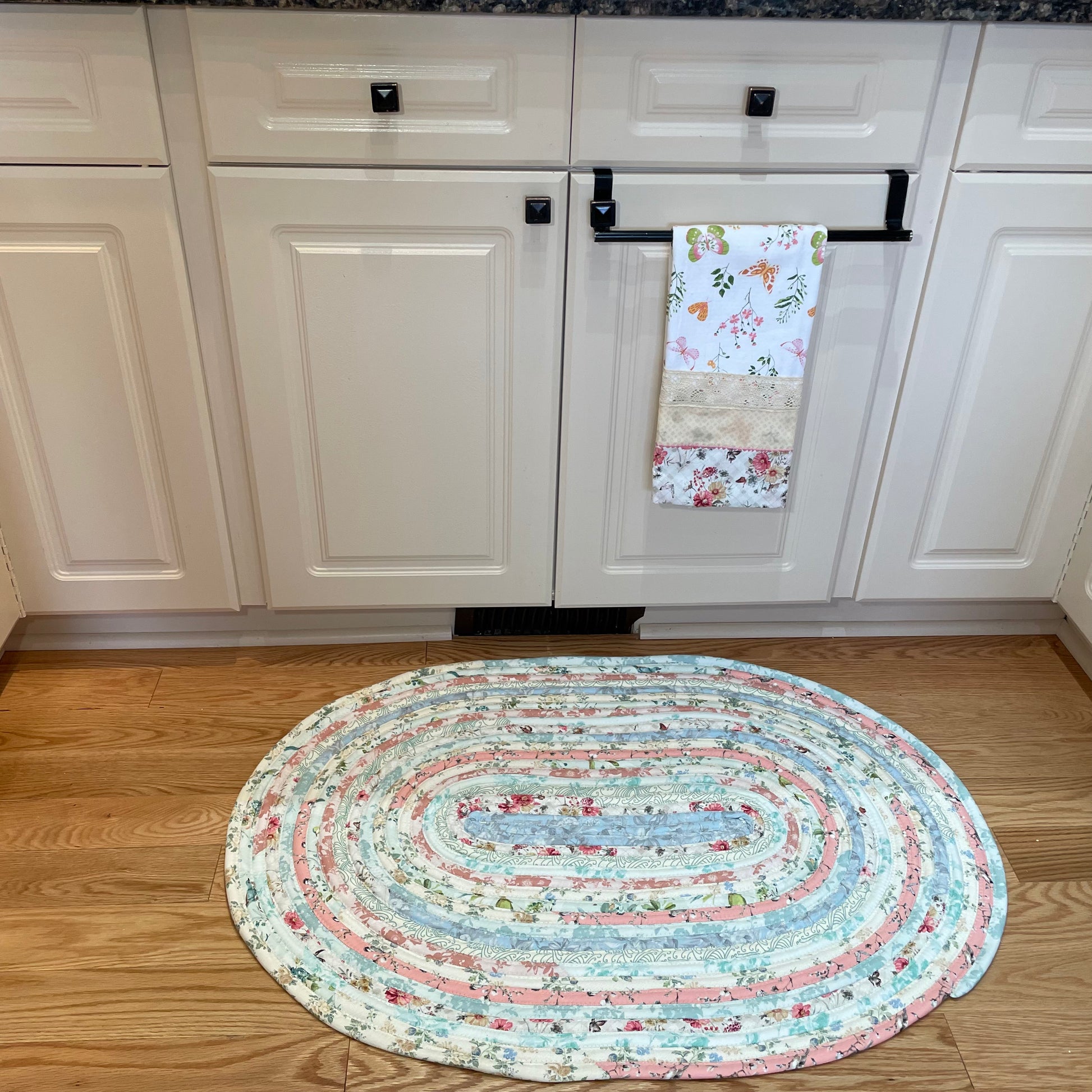 Handmade Cotton Jelly Roll Rug for Kitchen, bedside or use as a bathmat. Pink Cotton fabric. Made in Canada and Washable