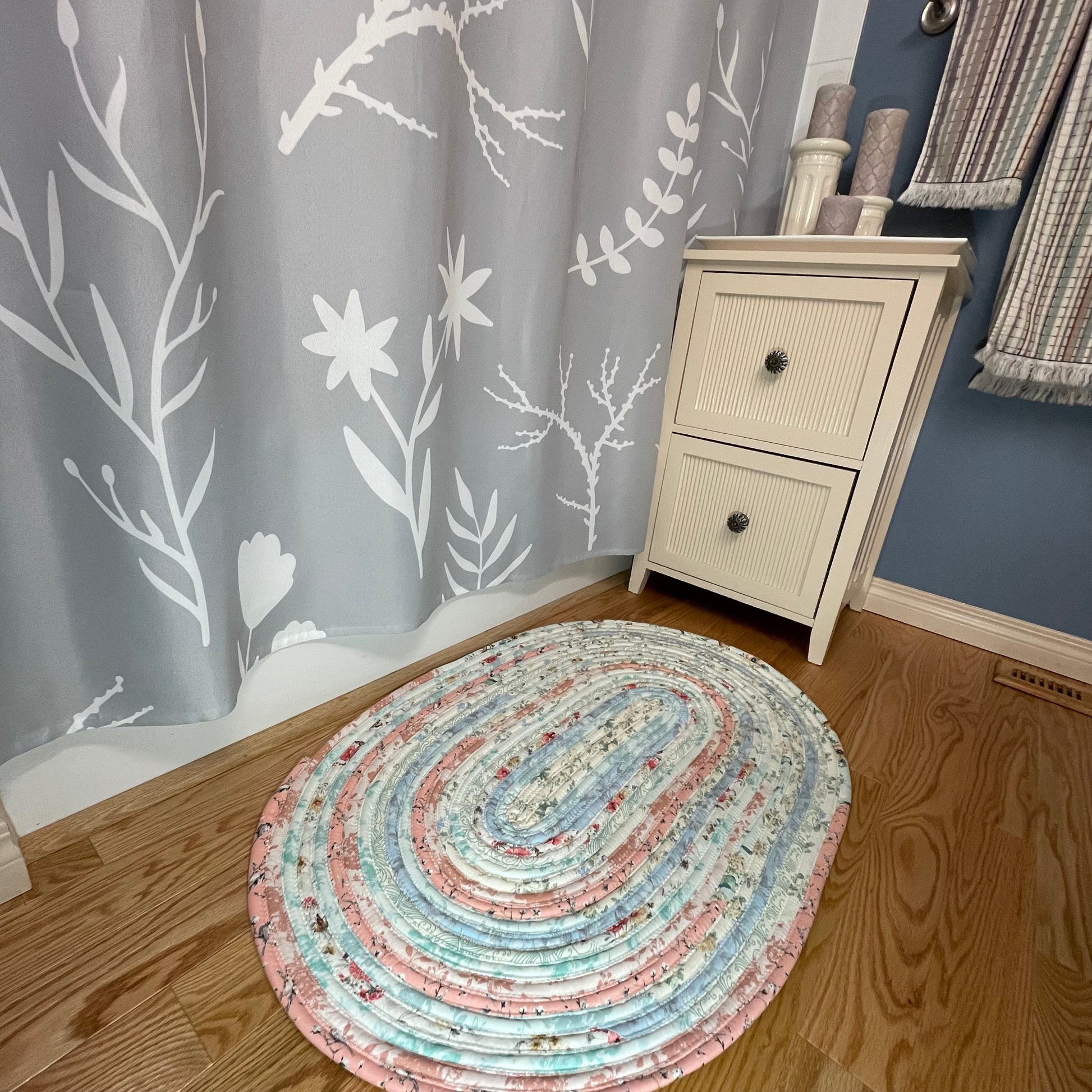 Handmade washable pink cotton Jelly Roll Rug for Kitchen, bedside or bathroom. Made in Canada