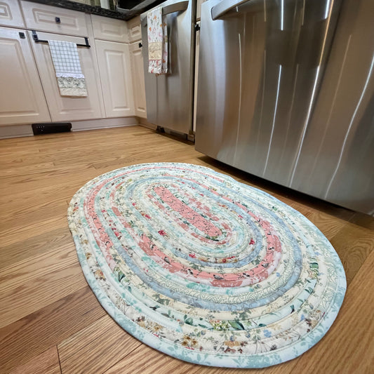 Handmade Cotton Jelly Roll Rug for Kitchen, bedside or use as a bathmat. Pink Cotton fabric. Made in Canada and Washable