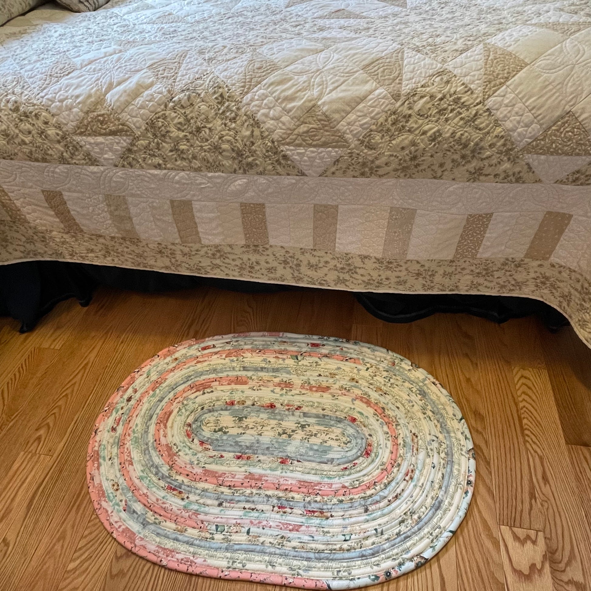 Handmade washable pink cotton Jelly Roll Rug for Kitchen, bedside or bathroom. Made in Canada