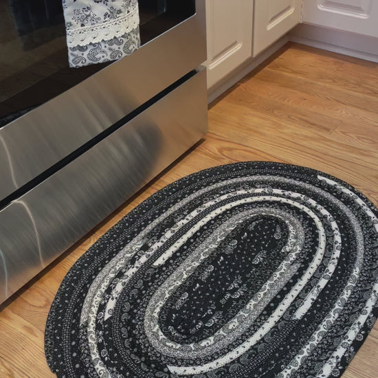 JellyRoll Rug for Kitchen, Bedroom or bathmat. Washable and reversible this handmade modern farmhouse JellyRoll Rug is made from premium quilting materials and cotton/poly batting.  Our batting is handcut for premium loft and durability. Handmade Rug
