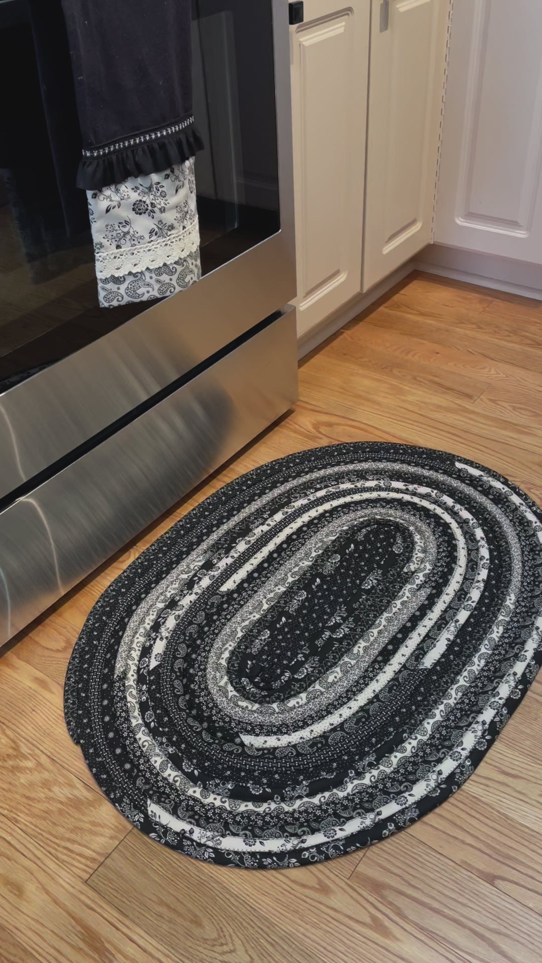 JellyRoll Rug for Kitchen, Bedroom or bathmat. Washable and reversible this handmade modern farmhouse JellyRoll Rug is made from premium quilting materials and cotton/poly batting.  Our batting is handcut for premium loft and durability. Handmade Rug