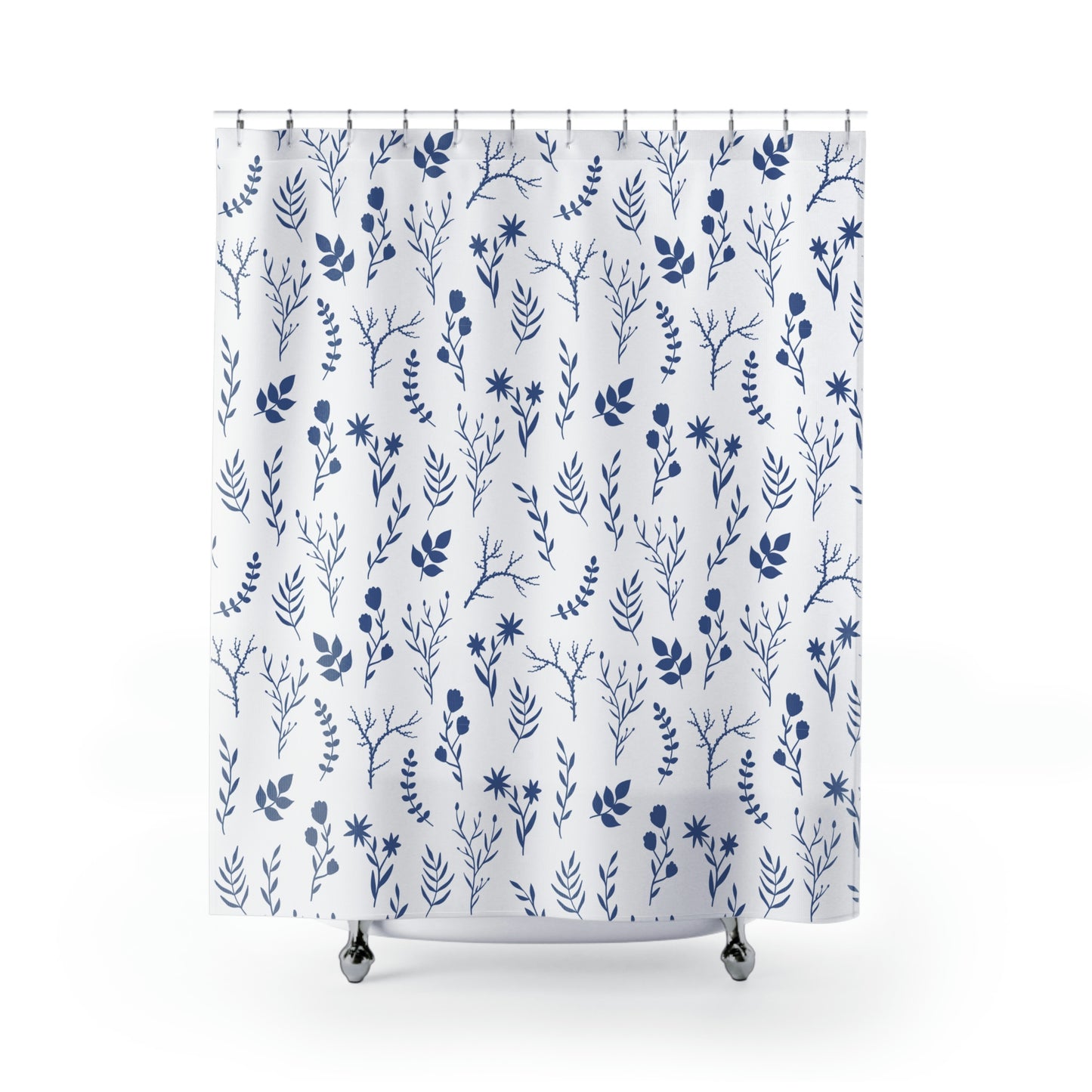 Indigo Blue and White Modern Floral Bathroom Shower Curtain | Blue Floral Bathroom Shower Curtain