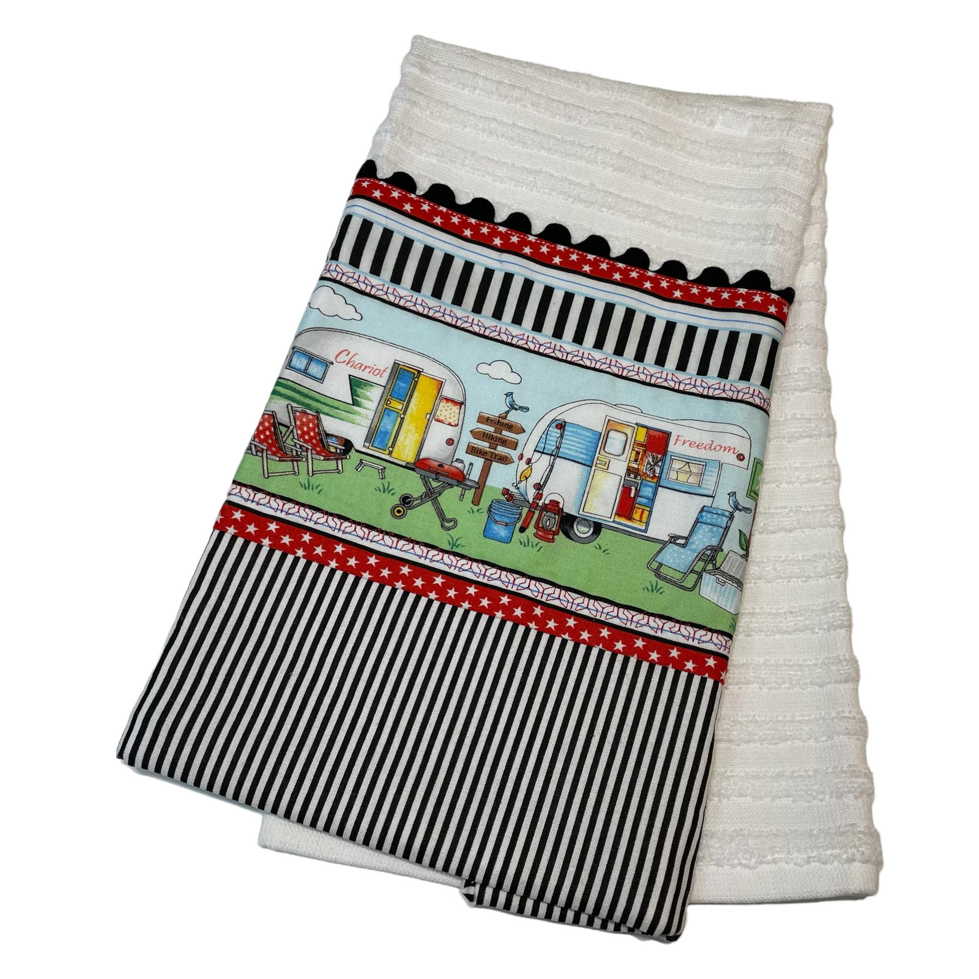 Fun Camping Themed Dish Towel. Retro trailers with red, white and blac –  Home Stitchery Decor