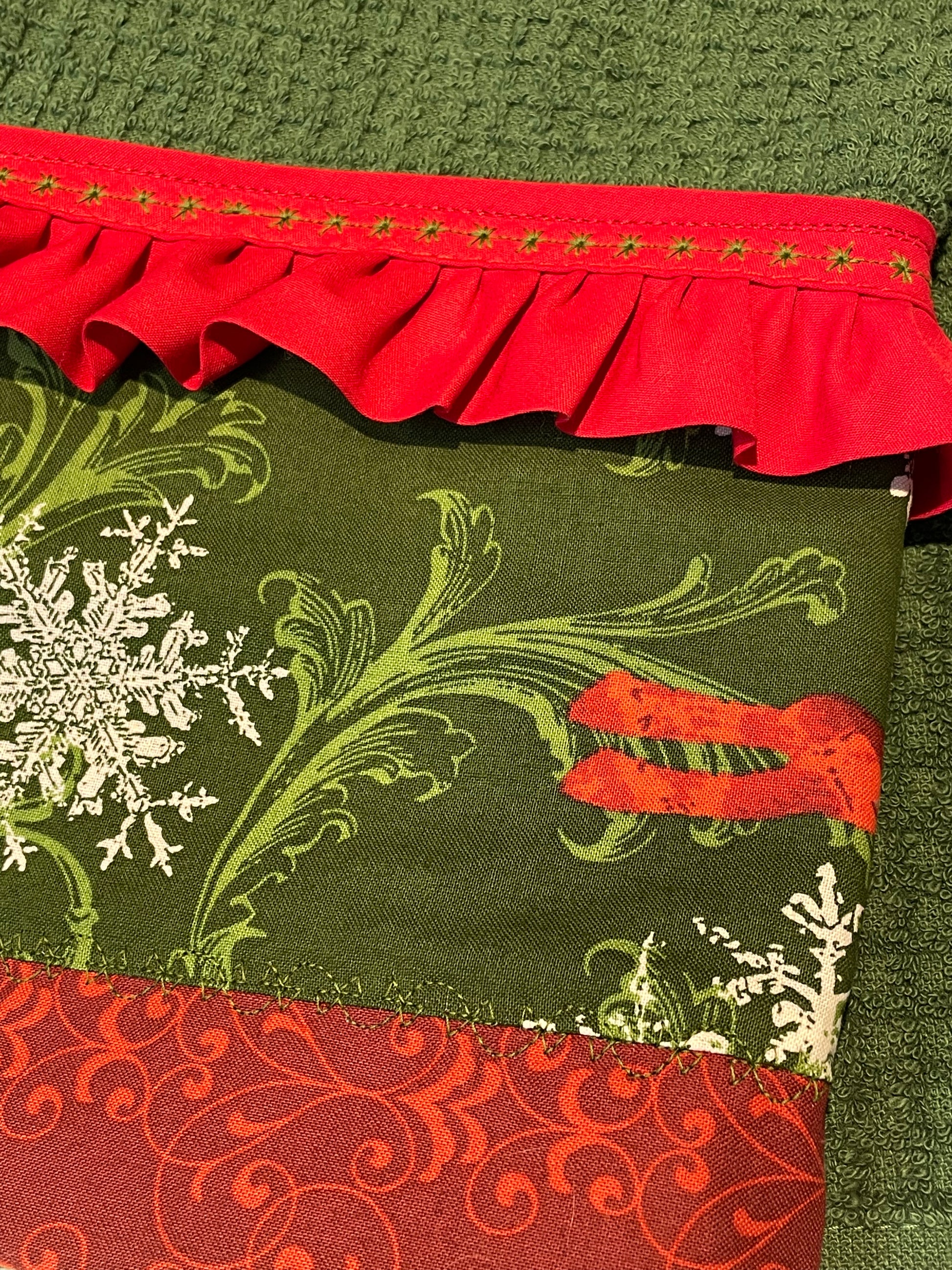 Christmas Kitchen Dish Towel, Cute Green and Red Christmas Tea Towel - Home Stitchery Decor