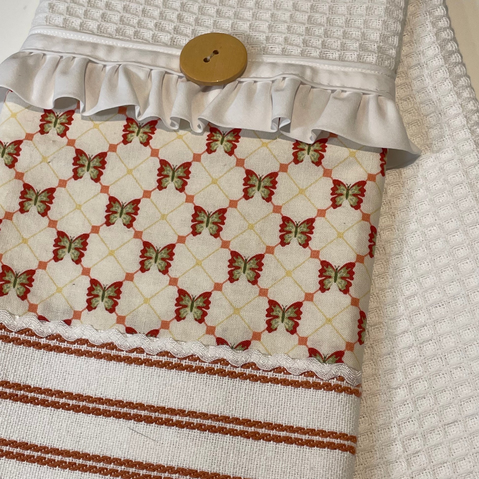 Modern Farmhouse Kitchen Tea Towel With Handcrafted Accents. Orange and White Kitchen Dish Towel - Home Stitchery Decor